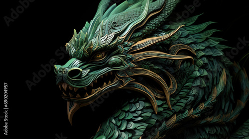 Traditional green with gold chinese dragon on black background with copy space. New Year of the Dragon 2024