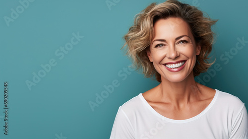 close up of a middle age smiling woman with a white shirt on blue empty background, with empty copy space