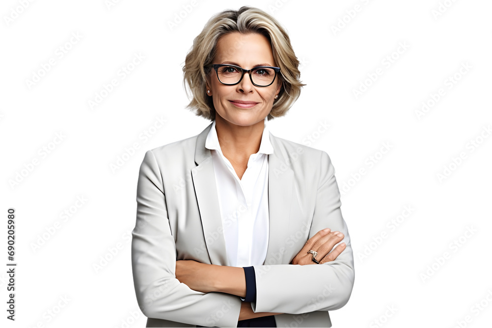 Happy middle aged business woman ceo standing isolated on the white background. Generative Ai. - obrazy, fototapety, plakaty 