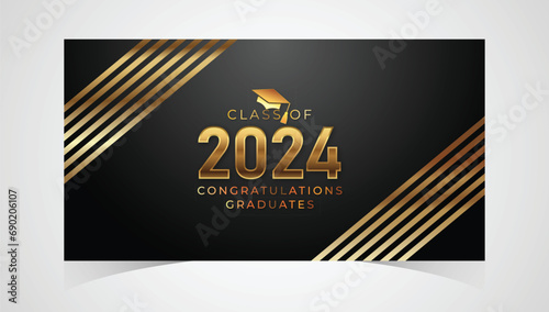 Class of 2024 Congratulations Graduates. Academic Cap and Diploma Graduation Ceremony. Vector Template for Senior Class of University, Year 2024 Banner, Party, High School or College Graduate photo