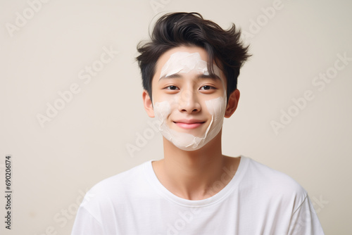 Teenager skin care concept - happy asian teenage boy with cream on his face