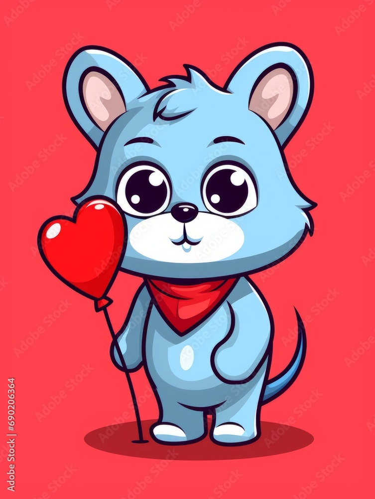Cartoon sticker cute kitten with red balloon, AI
