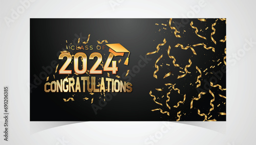 Class of 2024 Congratulations Graduates. Academic Cap and Diploma Graduation Ceremony. Vector Template for Senior Class of University, Year 2024 Banner, Party, High School or College Graduate