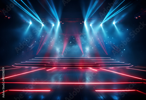 Empty night club stage illuminated with red and blue spotlights. Retro dance floor. Scene with laser beams, lamps ,billowing smoke. 