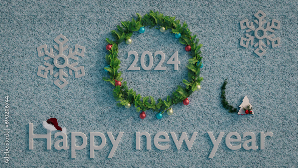 Close up of number 2024 on white snow background. Surrounded with green advent wreath. Snowflakes on the background. Happy new year. 3d rendering.