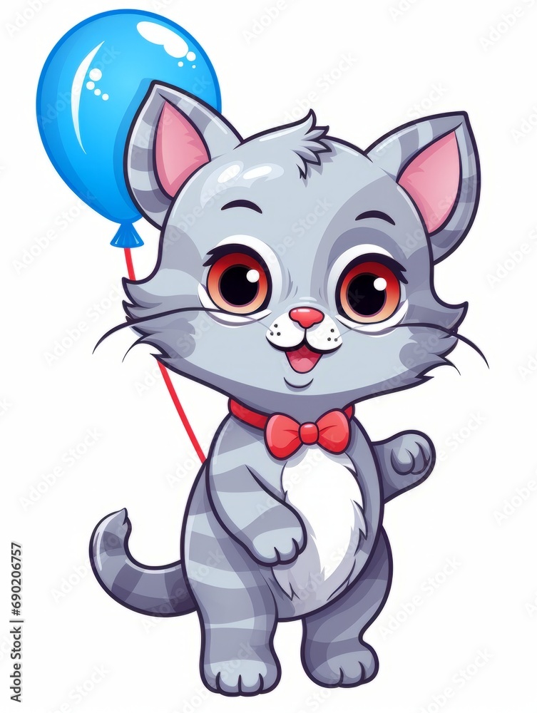 Cartoon sticker cute kitten with blue balloon, AI