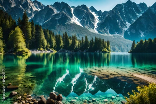 **great summer morning on the eibsee lake with zugspitze mountain range. sunny outdoor scene in german alps, europe, beauty of nature photo