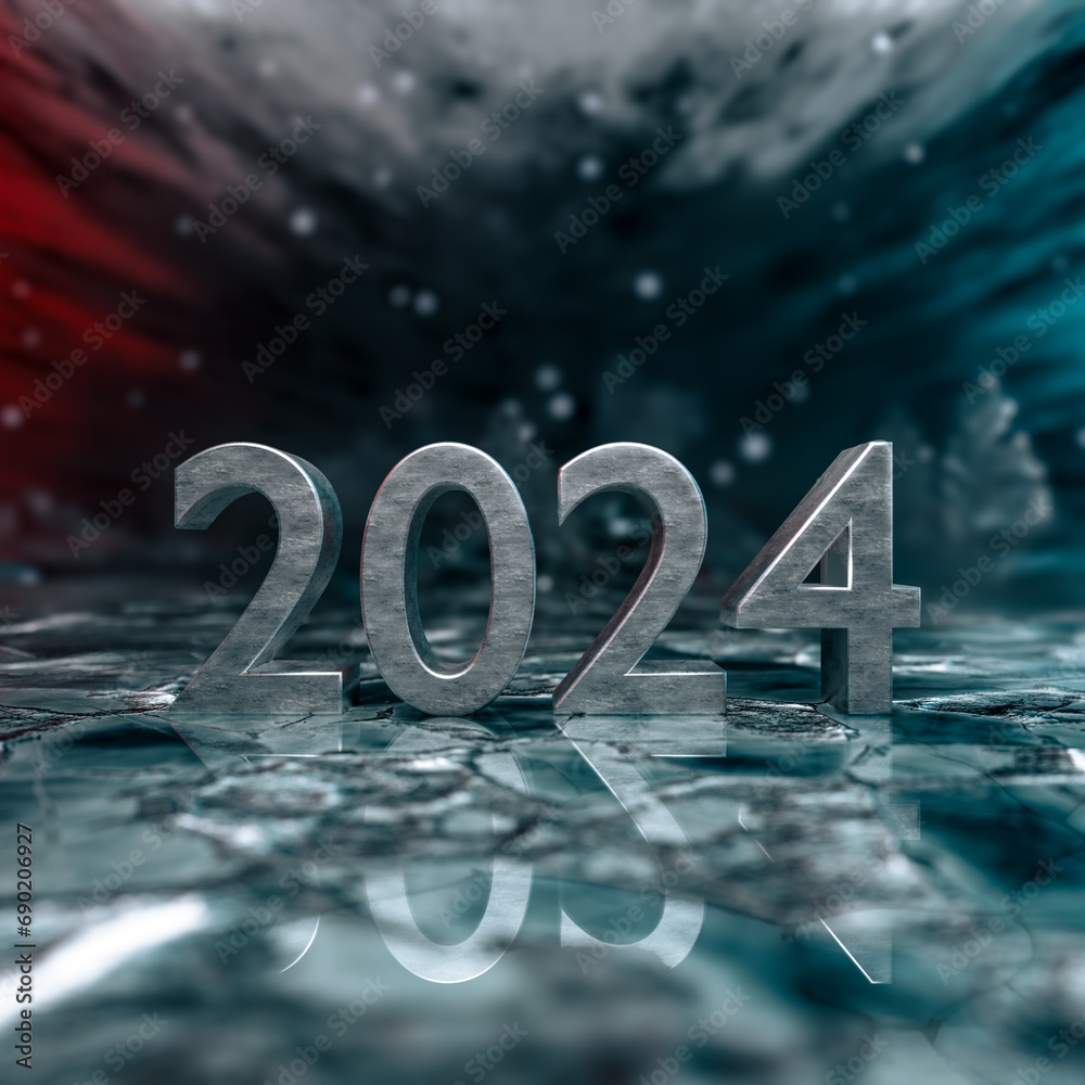 Close up of silver metal number 2024 inside icy abstract colorful sphere. Happy new year. 3D rendering.