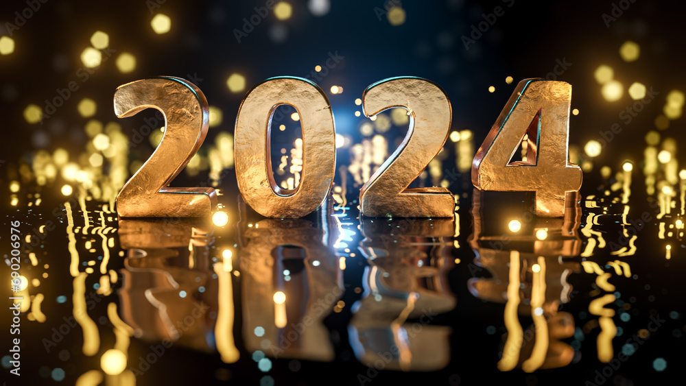 Close up of gold number 2024 on reflective black wavy ground with ice blue bokeh background. Golden particles fly around. Happy new year 2024. 3D rendering.