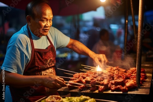 A local Filipino vendor in the heart of Manila, expertly preparing 'Isaw', a beloved street food delicacy made from chicken intestines photo
