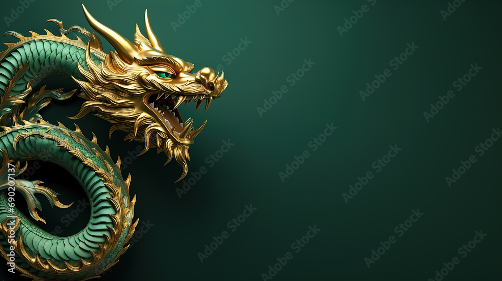 Traditional green with gold chinese dragon with copy space. New Year of the Dragon 2024 - obrazy, fototapety, plakaty 