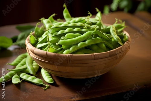 A detailed image showcasing the vibrant green hue of freshly harvested Lima beans on a rustic background