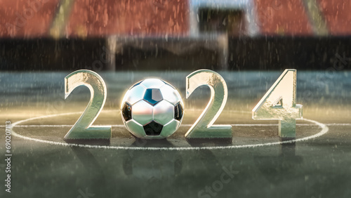 Close up view of 2024 number. Wet text and soccer balls on the green soccer field, grass. New Year Sign. Right side. Sport concept. 3D Rendering..