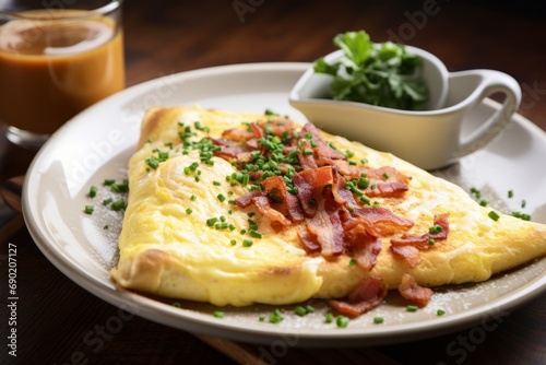 A hearty breakfast featuring a cheese-filled omelette, crispy bacon, and hot coffee served on a rustic setting