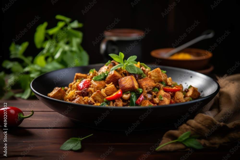 A vibrant and appetizing plate of Tempeh stir-fry, complemented by a variety of fresh vegetables and herbs