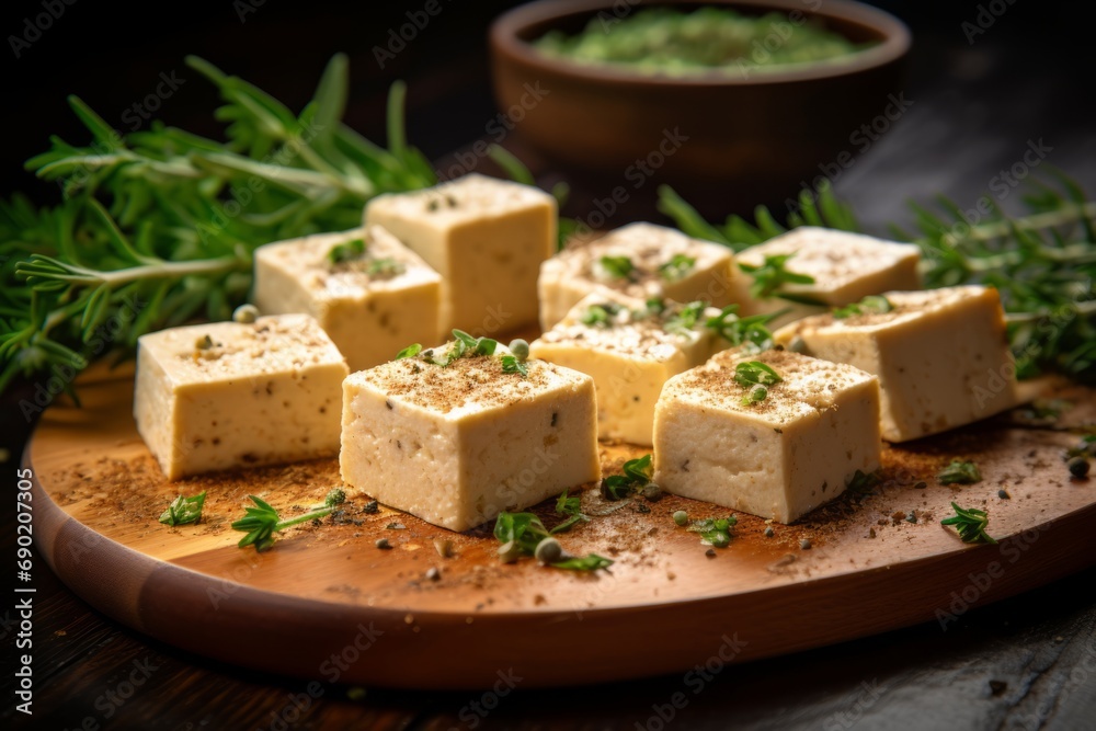 Preparing a vegan feast with fresh tofu cubes, garnished with aromatic herbs and spices