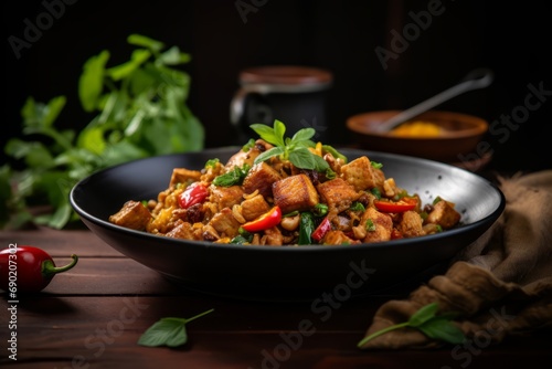 A vibrant and appetizing plate of Tempeh stir-fry, complemented by a variety of fresh vegetables and herbs