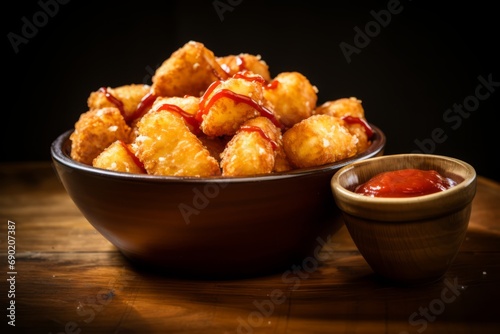 Deliciously Crispy Tater Tots Served with a Side of Ketchup on a Rustic Dining Table Setting
