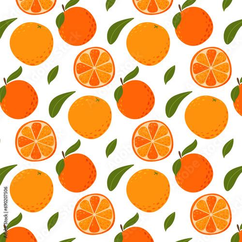 Orange fruit seamless pattern. Whole and sliced fruits. Summer vitamin background, vector illustration for paper, cover, fabric, gift wrap