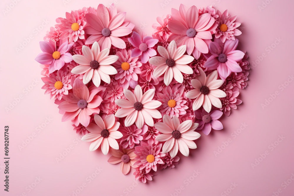 Creative heart layout with pink flowers, paper heart over pink background. Top view, Valentines day Woman day, empty copy space