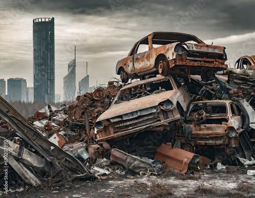 Gloomy scrapyard with rusty car wreck piles and a modern Asian city in background. AI generated image.