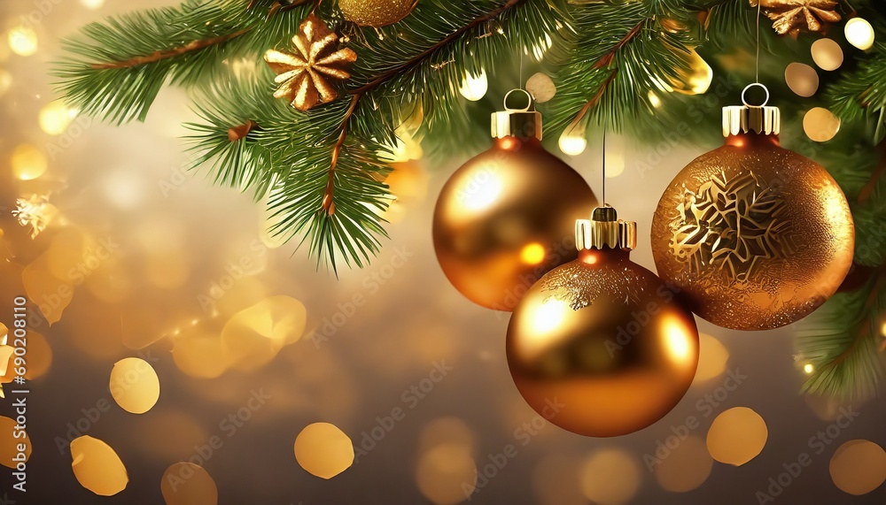 Brown and gold Christmas background with baubles, spruce branches and space for text Brown and gold Christmas background with baubles, spruce branches and space for text