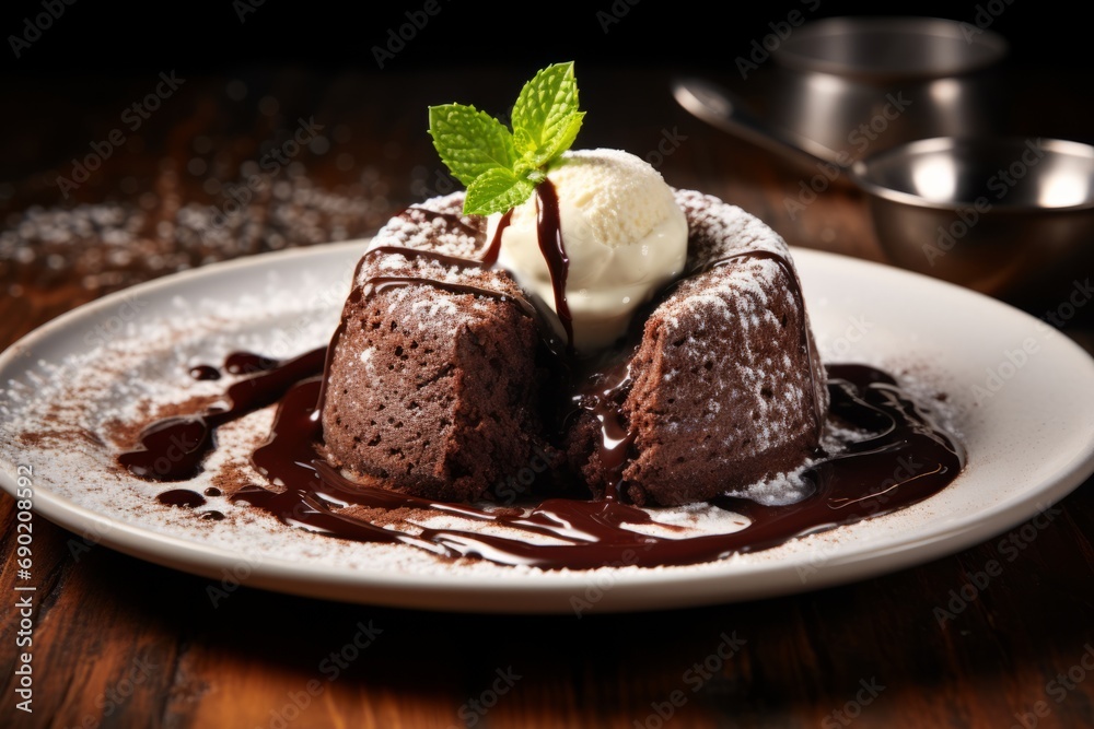 A mouth-watering molten chocolate cake, served warm with a side of melting vanilla ice cream, on a rustic backdrop A mouth-watering molten chocolate cake, served warm with a side of melting vanilla ice cream, on a rustic backdrop