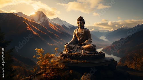 Buddha statue in the mountains at sunset.
