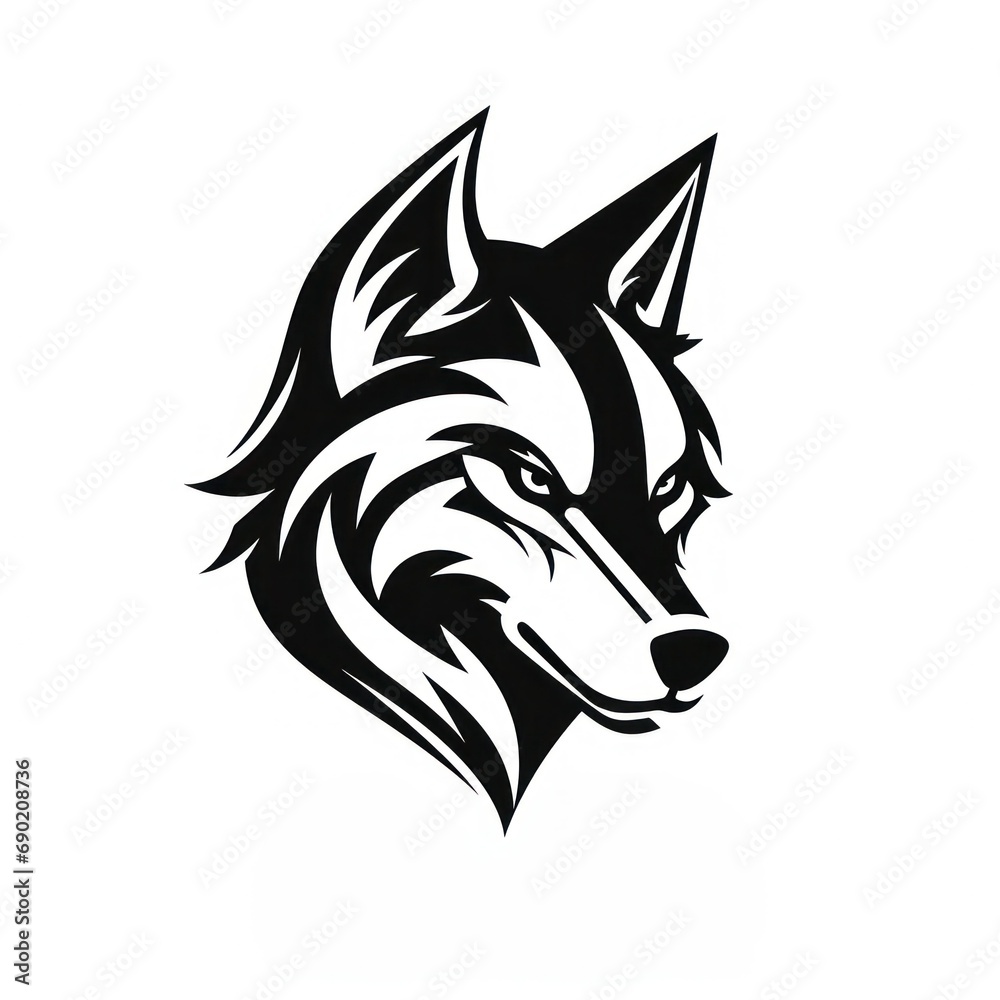 AI generated illustration of a black and white portrait of a wolf head against a white background