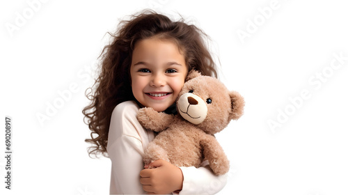 Little happy child kid girl 6-7 year old in casual clothes have fun hold hug teddy bear plush toy. Generative Ai. photo