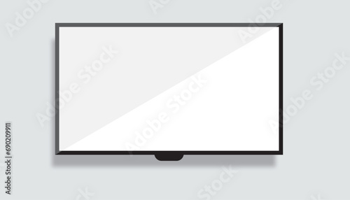 4K TV flat screen lcd or oled, plasma, realistic illustration, White blank monitor mockup. wide flatscreen monitor hanging on the wall. photo