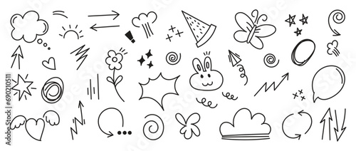 Hand drawn doodle style collection of speech bubble, arrow, firework, star, heart. Design for decoration, sticker, idol poster, social media. photo
