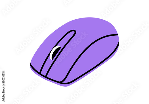 Hand drawn cute cartoon illustration of pc mouse. Flat vector computer accessory sticker in colored doodle style. Office or working device icon or print. Information technology. Isolated.