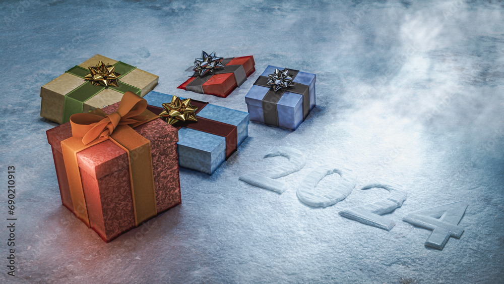 Colorful gift boxes in the snow and number 2024. Happy new year 2024. 3D rendering.