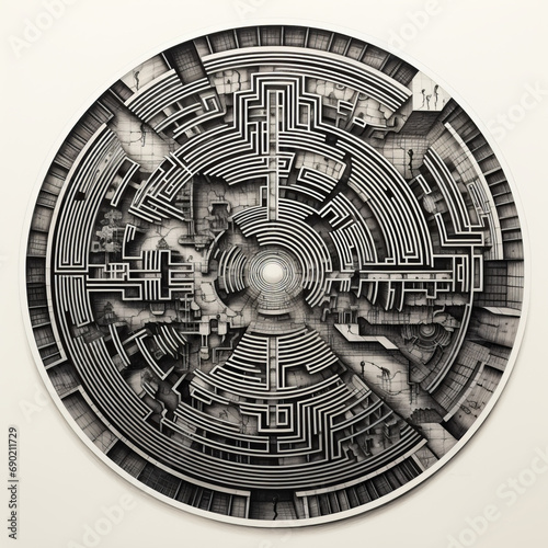 Black and white grunge geometric tribal labyrinth. Surreal style.