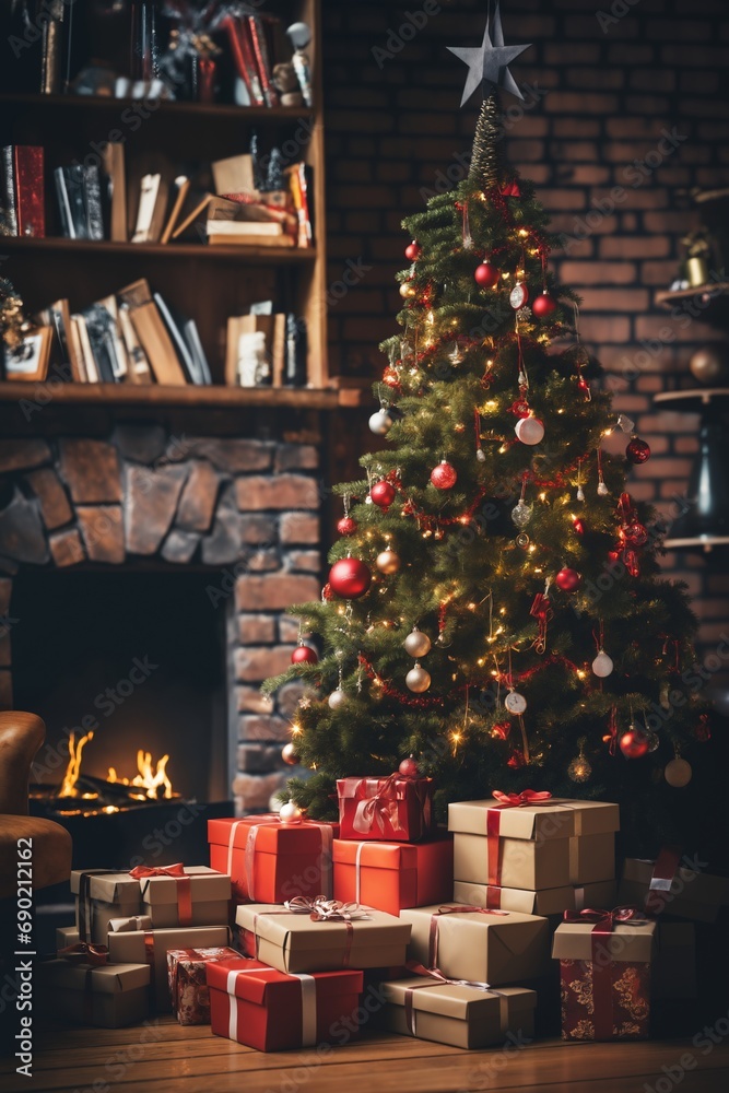 Christmas tree decorated for New Year's holiday, with gifts and balls, living room interior, winter season