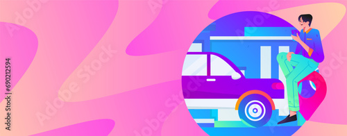 Flat vector concept operation hand drawn illustration of people taking a taxi 
