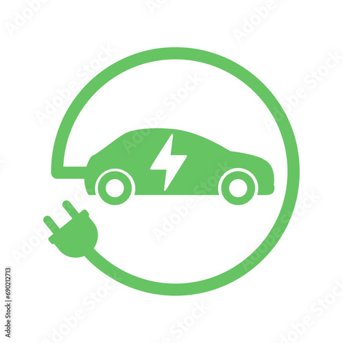 Green Electric Car With Plug Charging Symbol. Electric Vehicle Icon. EV Cars Icons. Charging Station Road Sign. Renewable Eco Technologies