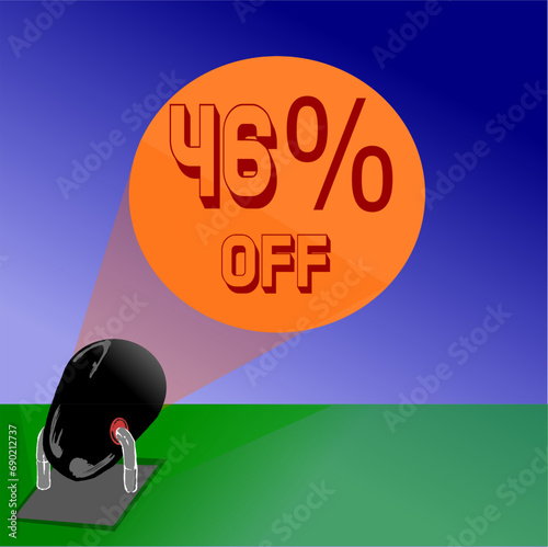 46% gray, black and red reflector iluminates promotions and discounts in the blue sky, in orange