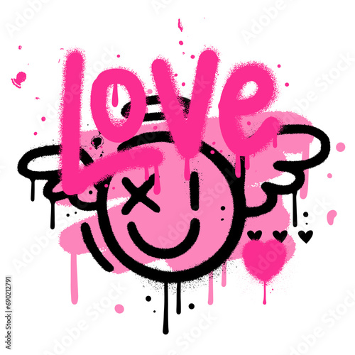 90s spray paint valentine's dat greeting card. Hand drawn graffiti texture style comic cupid emoji shape, heart and word LOVE. Design for print, sticker. Trendy 90s vintage Vector Illustration