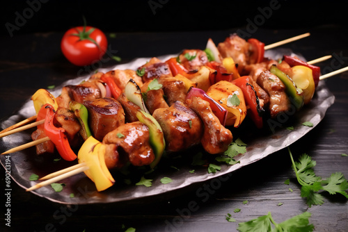 Fried chicken kebabs on plate. Meat skewer with vegetable. Grilled vegetable and meat skewers