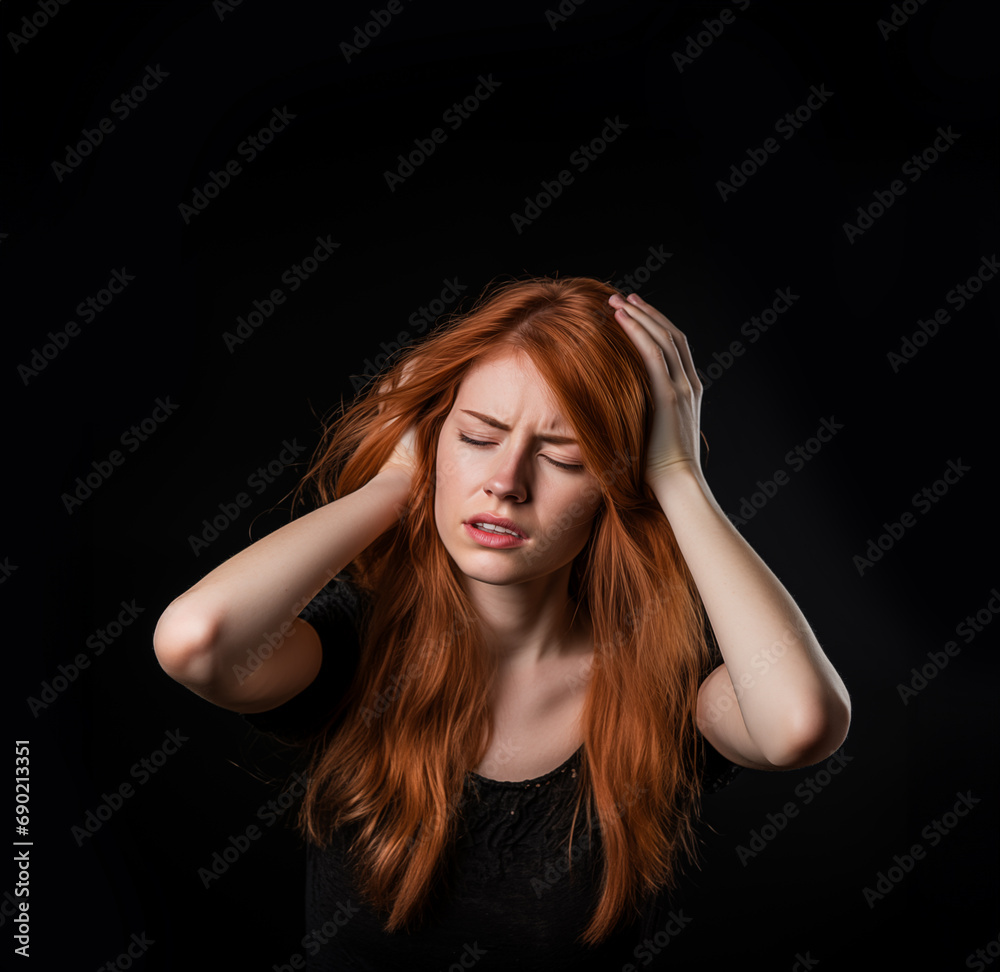 Woman with migraine holding her head Woman with migraine holding her head
