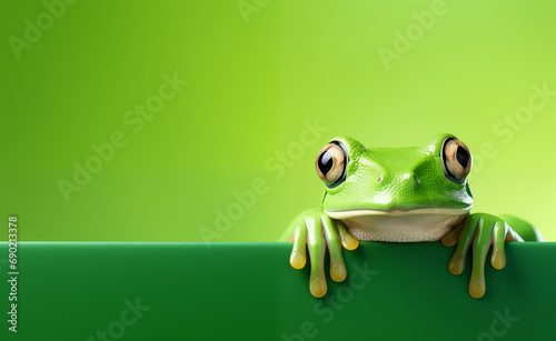 Creative animal concept, green tree frog peeking over green pastel bright background.