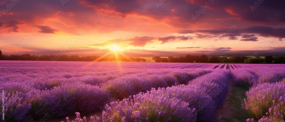 Meadow of lavender. Sunrise over lavender field. Lavender flowers blooming fields at sunset.