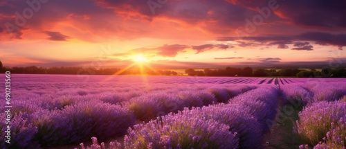 Meadow of lavender. Sunrise over lavender field. Lavender flowers blooming fields at sunset.