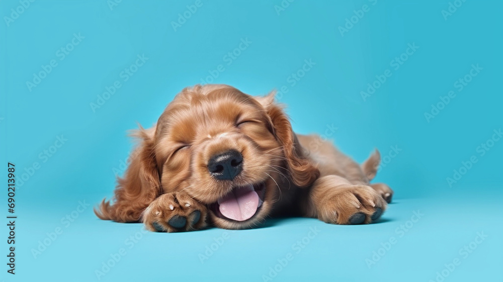 Happy English cocker spaniel  Puppy Dog sleeping on isolated on blue cyan background 
