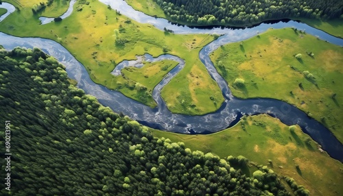 Aerial landscape. wild river in summer. Aerial View of Green Forest. Green forest and blue river