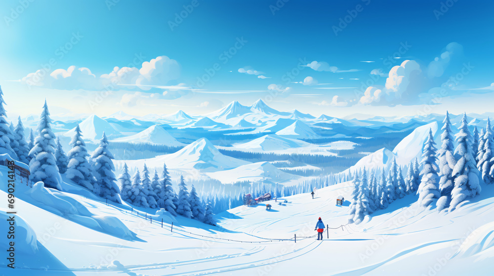 Skiers in the wide outdoor ski resort skiing illustration background