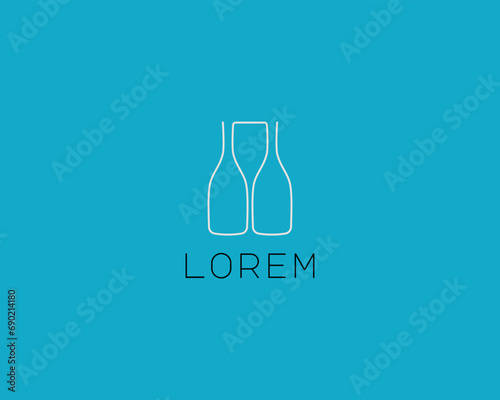 Abstract two bottles and a glass continuous line logo. Creative bar restaurant nightclub outline logotype. Universal beverage alcohol wine vector symbol.