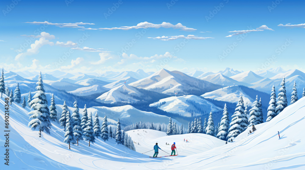 Skiers in the wide outdoor ski resort skiing illustration background